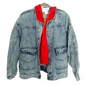 Vintage Sergio Valente Acid Wash Blue Denim Jacket w/ Attached Red Crop Hoodie